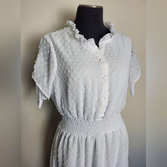 J for Justify White Midi Dress Swiss Dot Prairie Milkmaid Cottagecore Large Cute - Picture 2 of 10